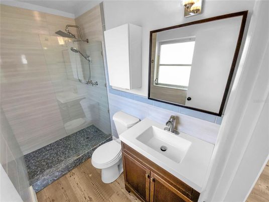 Bathroom, Glass Shower, Interior, Wood Texture Flooring