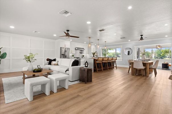 Dining room, Interior, Kitchen, Living room, Pendant Lights, Recessed Lighting, Stainless Steel Appliances, Wood Texture Flooring