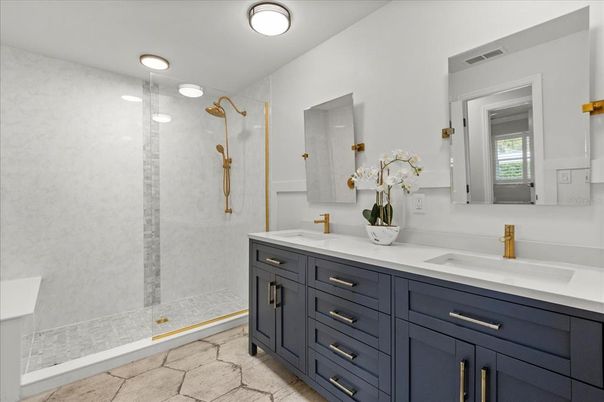 Bathroom, Dual Sink Vanities, Glass Shower, Interior, Recessed Lighting