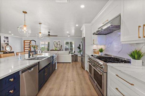 Interior, Kitchen, Living room, Pendant Lights, Recessed Lighting, Stainless Steel Appliances, Wood Texture Flooring