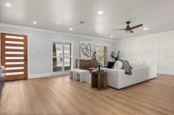 Interior, Living room, Recessed Lighting, Wood Texture Flooring