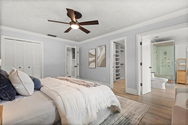 Bathroom, Bedroom, Glass Shower, Interior, Wood Texture Flooring