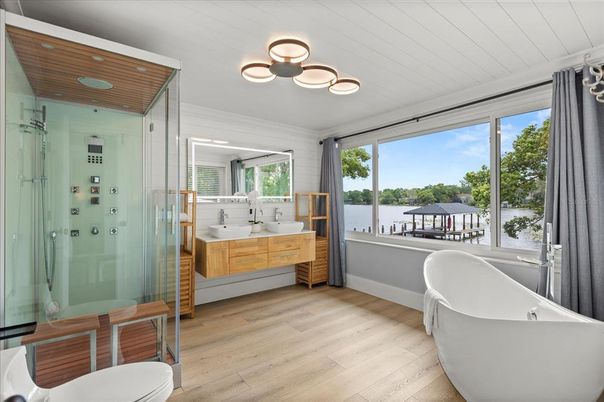 Bathroom, Free Standing Baths, Glass Shower, Interior, Wood Texture Flooring