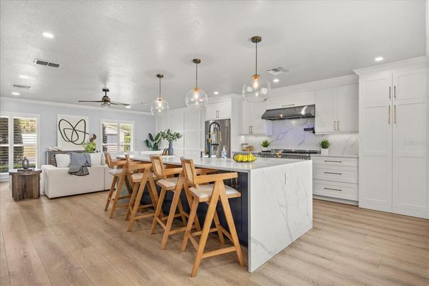 Interior, Kitchen, Living room, Marble Walls, Pendant Lights, Recessed Lighting, Stainless Steel Appliances, Wood Texture Flooring