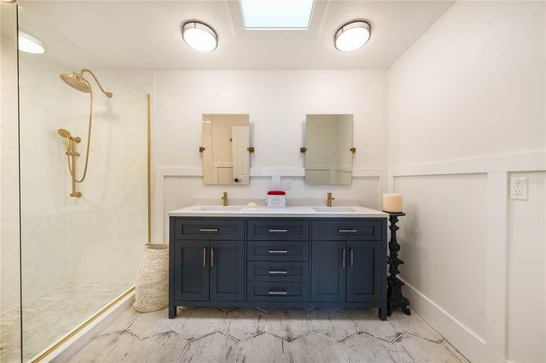 Bathroom, Dual Sink Vanities, Glass Shower, Interior, Recessed Lighting