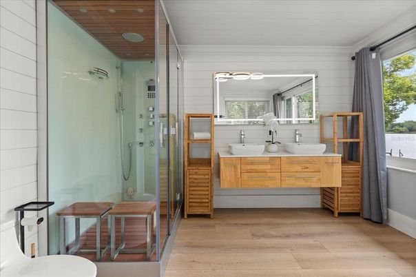 Bathroom, Dual Sink Vanities, Glass Shower, Interior, Wooden Ceilings, Wood Texture Flooring