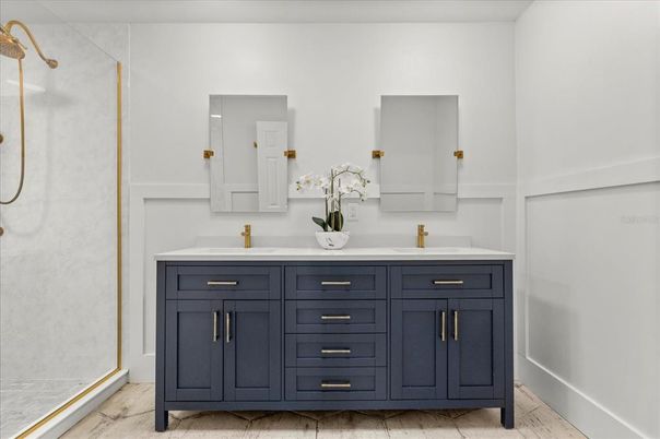 Bathroom, Dual Sink Vanities, Glass Shower, Interior, Marble