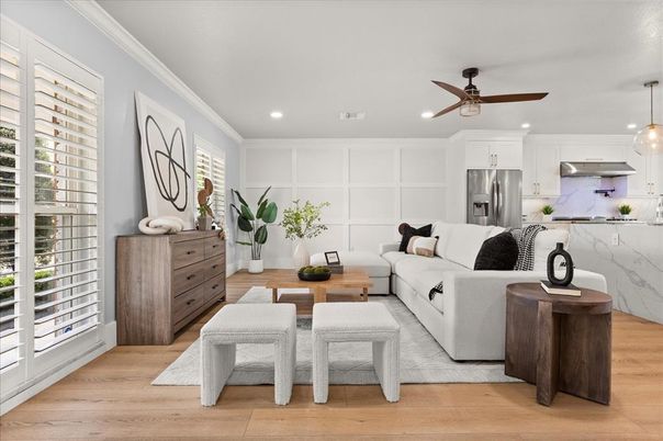 Interior, Kitchen, Living room, Pendant Lights, Recessed Lighting, Stainless Steel Appliances, Wood Texture Flooring