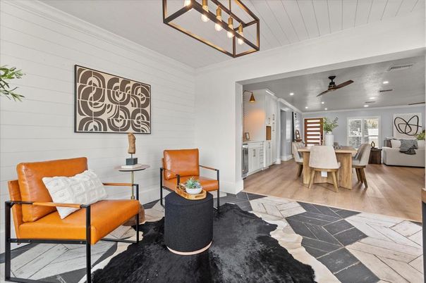 Dining room, Interior, Living room, Pendant Lights, Recessed Lighting, Wood Texture Flooring