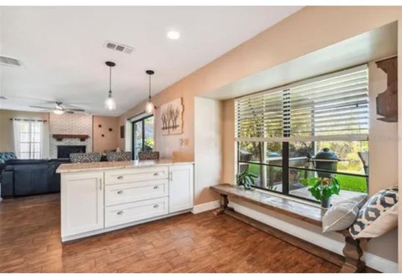 Fireplace, Interior, Kitchen, Living room, Pendant Lights, Recessed Lighting, Wood Texture Flooring