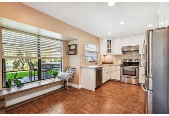 Interior, Kitchen, Recessed Lighting, Stainless Steel Appliances, Wood Texture Flooring