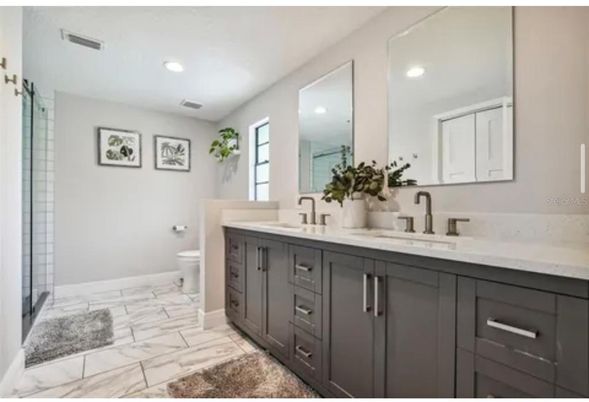 Bathroom, Dual Sink Vanities, Interior, Marble, Recessed Lighting