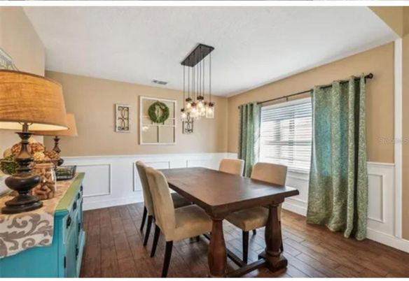 Dining room, Interior, Pendant Lights, Wood Texture Flooring