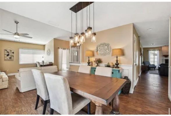 Dining room, Interior, Living room, Pendant Lights, Recessed Lighting, Wood Texture Flooring