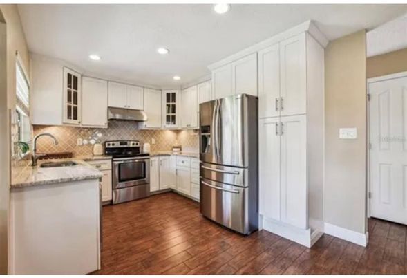 Interior, Kitchen, Recessed Lighting, Stainless Steel Appliances, Wood Texture Flooring