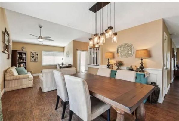 Dining room, Interior, Living room, Pendant Lights, Wood Texture Flooring