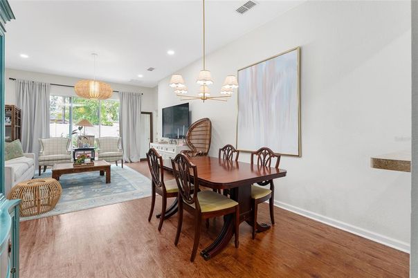 Chandelier, Dining room, Interior, Living room, Pendant Lights, Recessed Lighting, Wood Texture Flooring