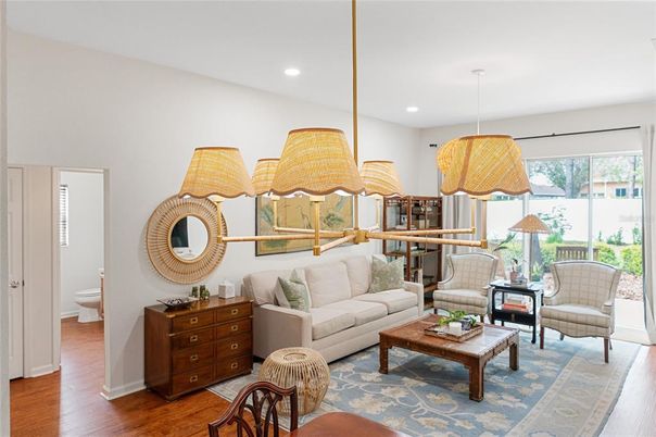 Interior, Living room, Pendant Lights, Recessed Lighting, Wood Texture Flooring
