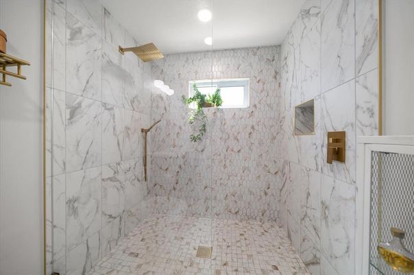 Bathroom, Interior, Marble Walls, Recessed Lighting