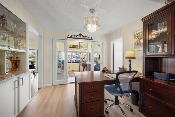 Chandelier, Home Office, Interior, Wood Texture Flooring