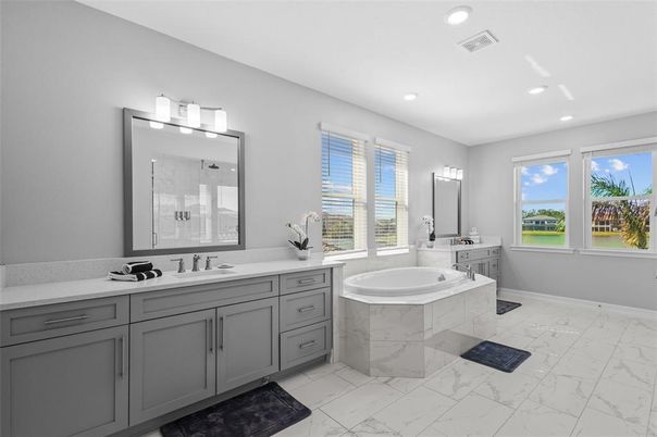 Bathroom, Dual Sink Vanities, Interior, Marble, Recessed Lighting