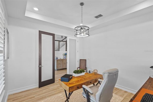 Home Office, Interior, Pendant Lights, Recessed Lighting, Wood Texture Flooring