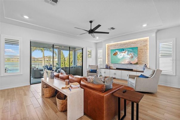 Interior, Living room, Recessed Lighting, Wood Texture Flooring