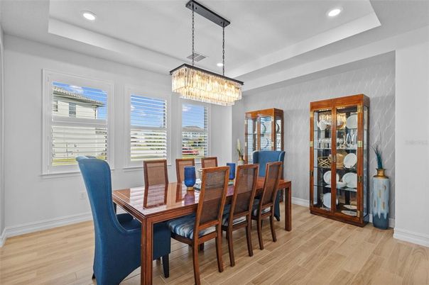Chandelier, Dining room, Interior, Recessed Lighting, Wood Texture Flooring