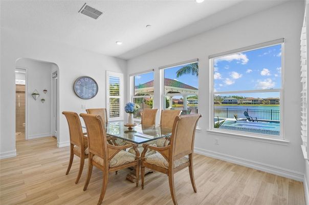 Dining room, Interior, Recessed Lighting, Wood Texture Flooring