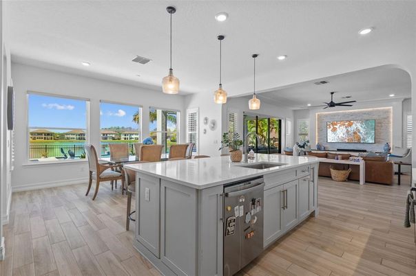 Dining room, Interior, Kitchen, Living room, Pendant Lights, Recessed Lighting, Wood Texture Flooring
