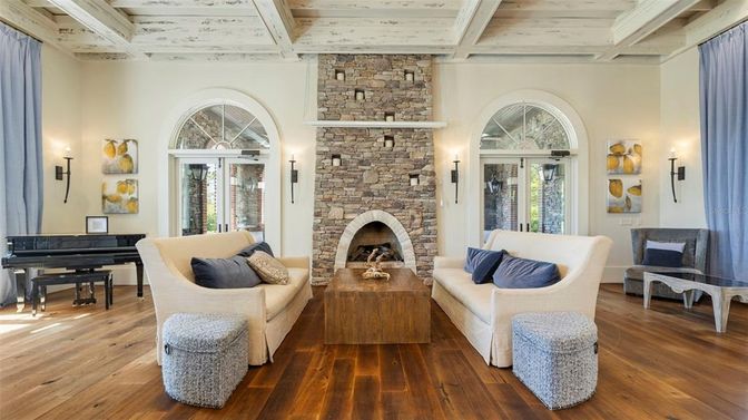 Fireplace, Interior, Living room, Piano, Stone Walls, Wood Texture Flooring