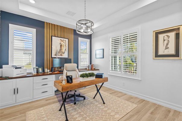 Home Office, Interior, Pendant Lights, Recessed Lighting, Wood Texture Flooring