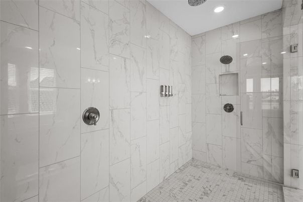 Bathroom, Glass Shower, Interior, Marble Walls, Recessed Lighting