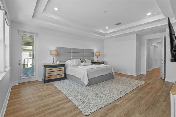 Bedroom, Interior, Recessed Lighting, Wood Texture Flooring