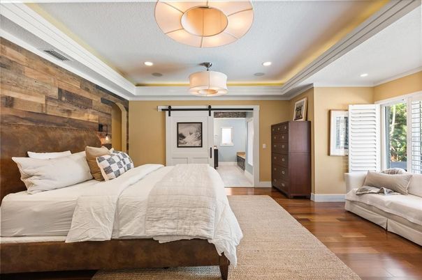 Bedroom, Interior, Pendant Lights, Recessed Lighting, Wood Texture Flooring, Wooden Walls