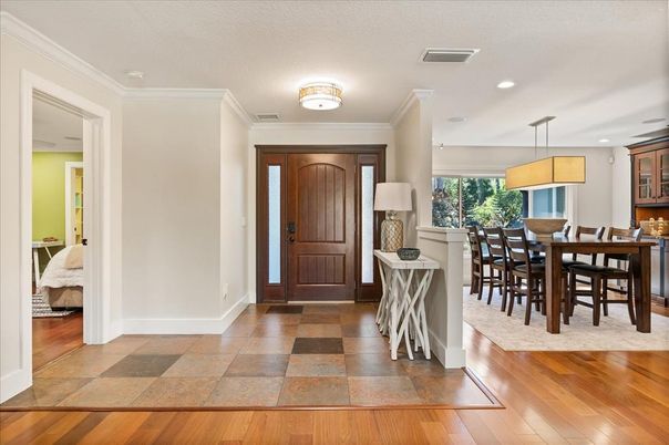 Dining room, Interior, Pendant Lights, Recessed Lighting, Wood Texture Flooring