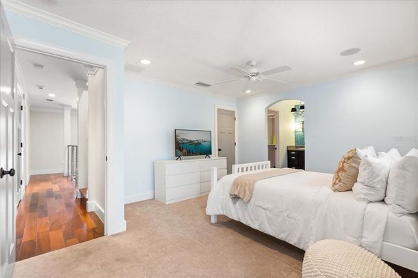 Bedroom, Interior, Recessed Lighting, Wood Texture Flooring