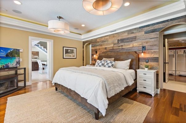 Bedroom, Interior, Recessed Lighting, Wood Texture Flooring, Wooden Walls