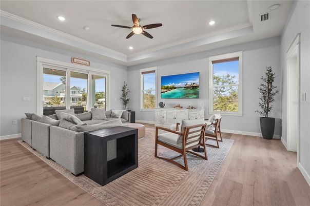 Dining room, Interior, Living room, Recessed Lighting, Wood Texture Flooring