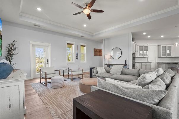 Interior, Living room, Pendant Lights, Recessed Lighting, Wood Texture Flooring