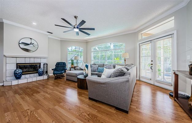 Fireplace, Interior, Living room, Recessed Lighting, Wood Texture Flooring