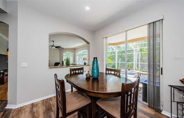 Dining room, Interior, Recessed Lighting, Wood Texture Flooring