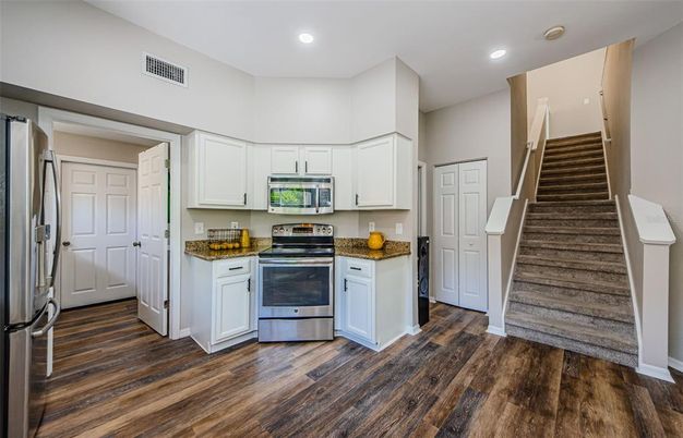 Interior, Kitchen, Recessed Lighting, Stainless Steel Appliances, Wood Texture Flooring
