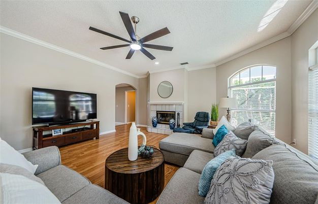Fireplace, Interior, Living room, Recessed Lighting, Wood Texture Flooring