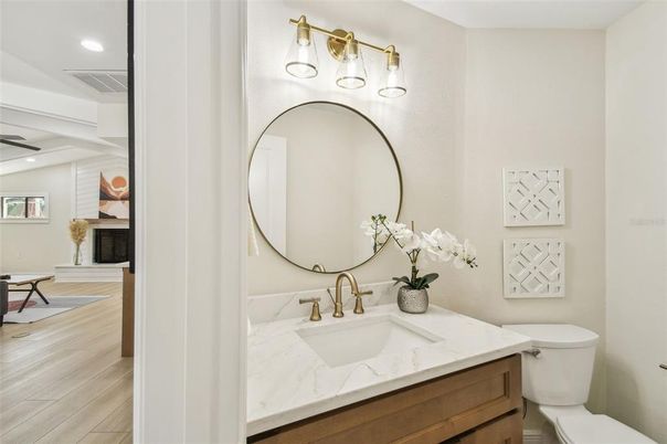 Bathroom, Interior, Recessed Lighting, Wood Texture Flooring