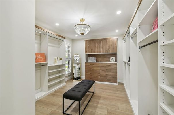 Chandelier, Interior, Recessed Lighting, Walk-in Closets, Wood Texture Flooring