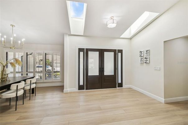 Dining room, Interior, Pendant Lights, Wood Texture Flooring