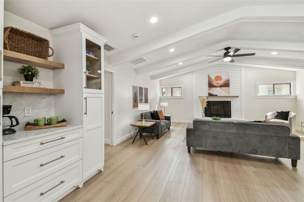 Fireplace, Interior, Living room, Recessed Lighting, Wood Texture Flooring