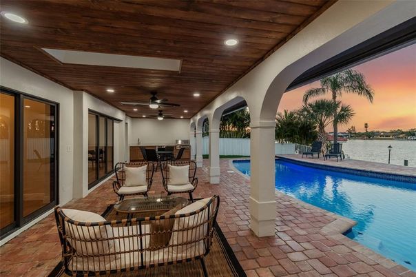 Exterior, Pool, Recessed Lighting, Wooden Ceilings