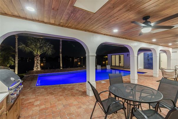 Exterior, Pool, Recessed Lighting, Wooden Ceilings